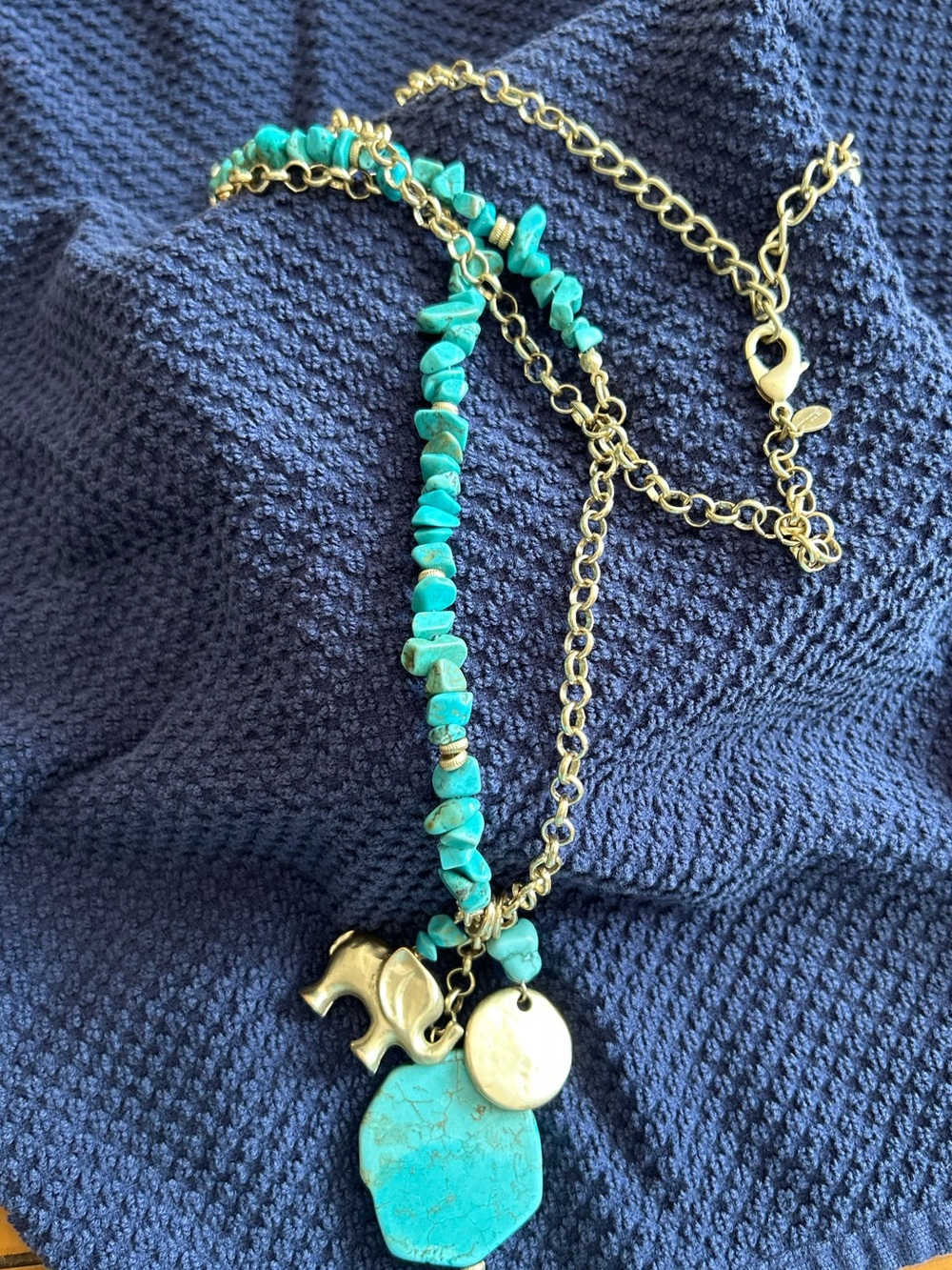 Chico's Turquoise-Bead Necklace with Gold Elephant and Disc Charms